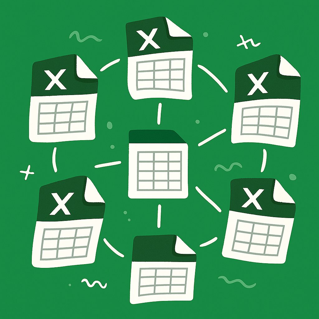 Spreadsheet chaos illustration showing scattered, disconnected Excel files